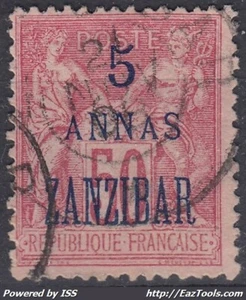 TIMBRE ZANZIBAR SAGE 50c ROSE SURCHARGE 5 ANNAS N° 28 OBLITERATION LEGERE - Picture 1 of 2