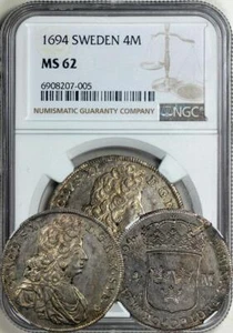 Sweden - Carl XI 4 Mark 1694-AS NGC MS-62. Only one coin graded higher. Luster! - Picture 1 of 1