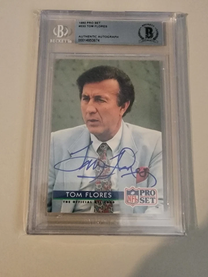 1992 Pro Set Tom Flores #333 Auto Signed Beckett BGS BAS Oakland Raiders HOF - Image 1 of 2