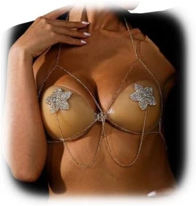 Rhinestone Star Nipple Pasties Body Chain Jewelry Rave Cover Silver - Picture 1 of 3