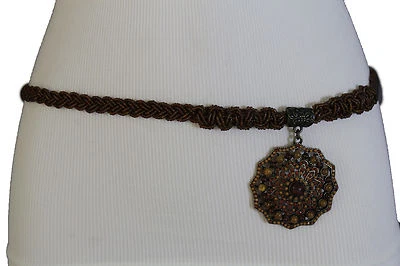 Women Brown Beads Tie Wrap Waistband Ethnic Belt Antique Gold Metal Charm M L XL - Image 1 of 4