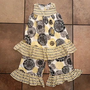 Summer Sleeveless Tunic Top Pants Girl's Yellow Black White Floral Sz 4 Boutique - Picture 1 of 11