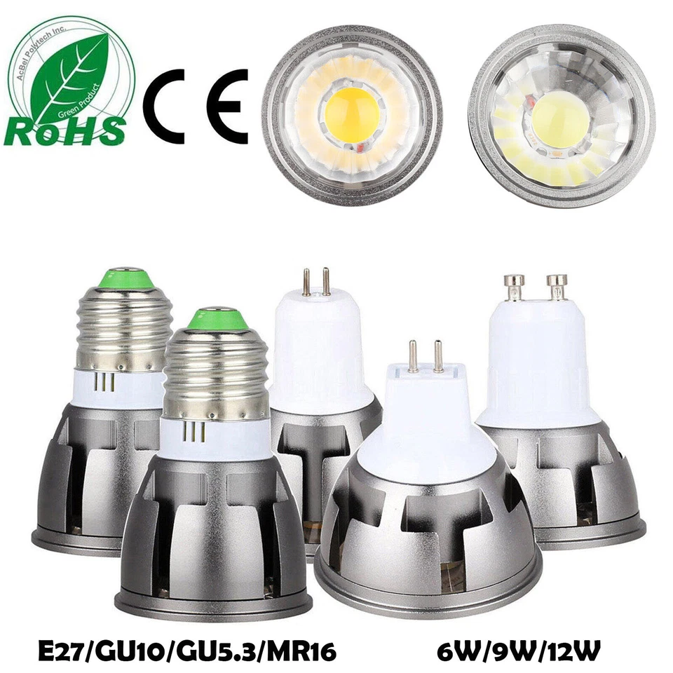 Dimmable COB LED Spotlight Bulb E27 GU10 MR16 GU5.3 6W 9W 12W Bright Lamps ERM - Image 1 of 4