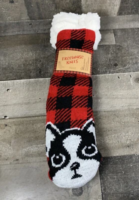 Treehouse Knits Sherpa Slipper Lined Socks Rubber 6 - 8  Black& White Dog Plaid  - Image 1 of 4