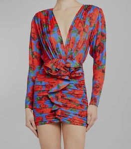 $490 New Arrivals Women's Blue Bebe Rose Draped Ruched V-Neck Dress Size 38 - Picture 1 of 4
