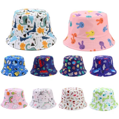 Kids Girls Boys Summer Sun Hat Animal Pattern Reversible Bucket Hats Beach 2-5Y - Image 1 of 4