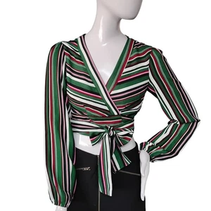 Forever 21 modern Candy Streifen bauchfreies Wickel Top Größe Small Langarm grün - Bild 1 von 7