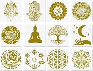 Sacred Geometry Stencils - 12 Pcs Yoga Stencils with Om, Lotus, Chakra, Mandala, - Picture 1 of 7
