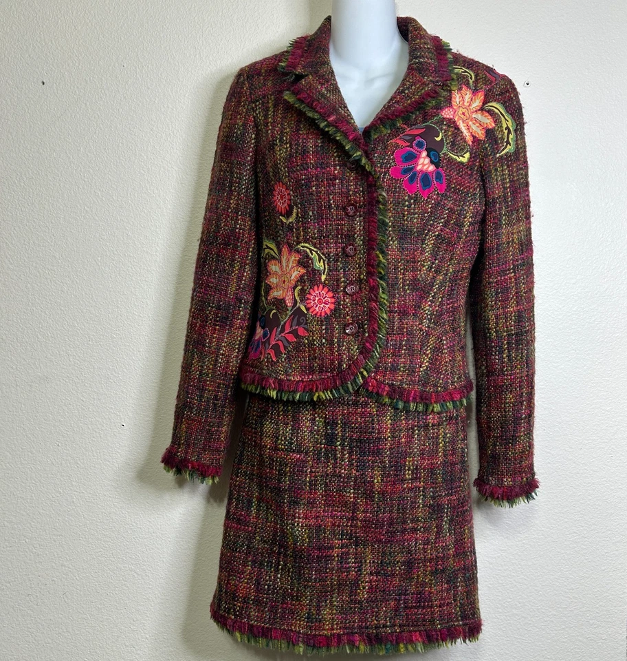 JON by Teri Jon Tweed Suit Jacket Skirt Womens 6 Wool Tweed Fringe Floral 3878 - Image 1 of 4
