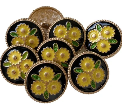 5PC Yellow Flowers Black Gold Metal Buttons Crafts Shank Buttons 25mm - Image 1 of 4