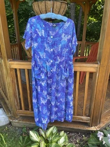 Handmade Butterfly Print Blue Rayon Button Front Casual Midi Dress M - Picture 1 of 6