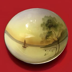 Nippon Footed Bowl Hand Painted Vintage Japan Sailboat Tree Landscapes 1920-1950 - Picture 1 of 9