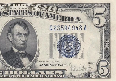 1934-C UNITED STATES $5 **SILVER CERTIFICATE** "Q" (( GEM UNC )) - Image 1 of 4