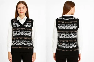Belldini schwarz, weiß & mokka gemustert ärmellos Strick Pullover Weste-Größe M - Bild 1 von 14