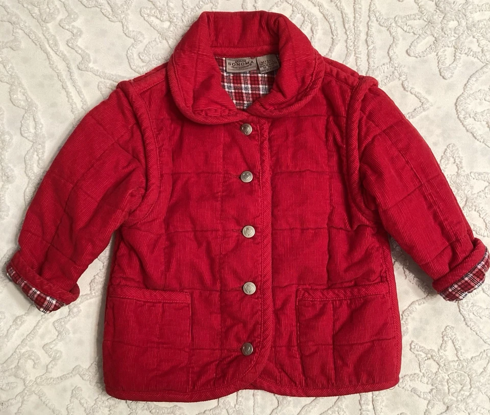 Abrigo de pana Sonoma para niñas pequeñas 3T rojo, franela a cuadros interior y botones en el corazón Foto 1 de 4