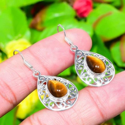 Tiger Eye Gemstone 925 Sterling Silver Gift Jewelry Earring 1.65" X-Mas Gift k73 - Image 1 of 4