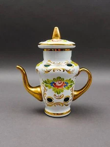 Tetera floral bohemia checa blanca cortada a verde dorada pintada a mano - Imagen 1 de 10