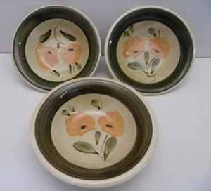 3 Steinzeugschalen, Obst- Dessertschalen, ca. 15 cm, gelber Mohn, grün glasiert - Bild 1 von 10