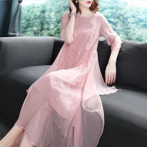 Women Floral Embroidery Cheongsam Dress Chiffon Ethnic Qipao Half Sleeve - Picture 1 of 10