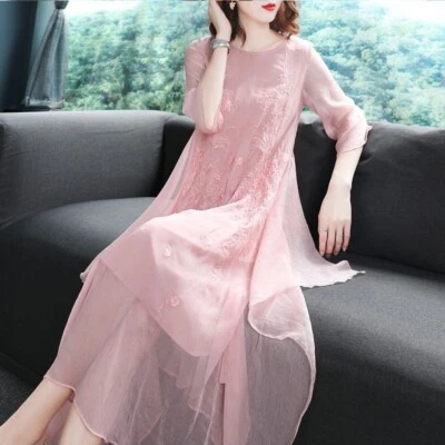 Women Floral Embroidery Cheongsam Dress Chiffon Ethnic Qipao Half Sleeve - Image 1 of 4
