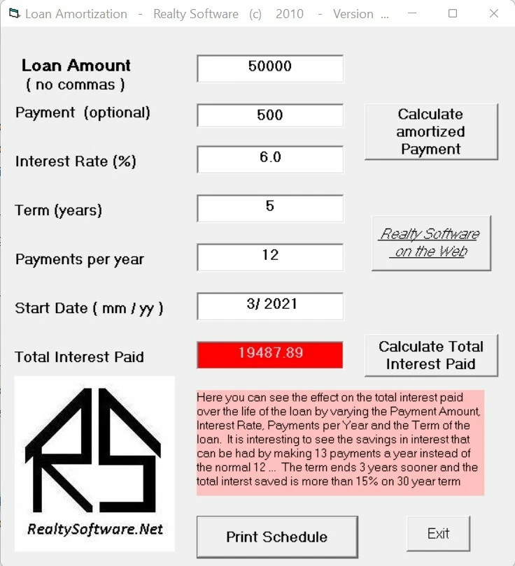 Loan Amortization Program with Print out Capability for Windows - Image 1 of 2