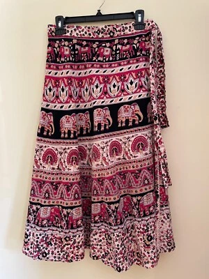 Indian hand block printed S M vintage 70s hippy pure cotton wrap midi skirt - Image 1 of 2