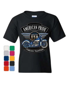 American Pride Motorcycle Youth T-Shirt MC Biker Timeless Tradition Kids Tee - Picture 1 of 8