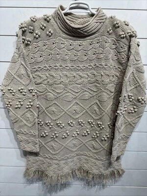 Vintage Hand Knit Cottagecore Popcorn Fringe Beige Sweater Size Large Crochet - Image 1 of 4