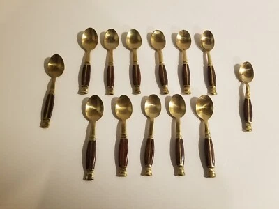 13 Vintage Demitasse Tea Spoons Brass Teak Inlaid Wood Thailand - 4.75 inches - Image 1 of 4