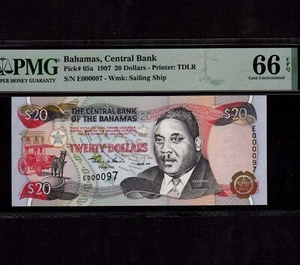 Bahamas 20 Dollars 1997 P-65a * PMG Gem Unc 66 EPQ * Low Serial 000097 * - Bild 1 von 2