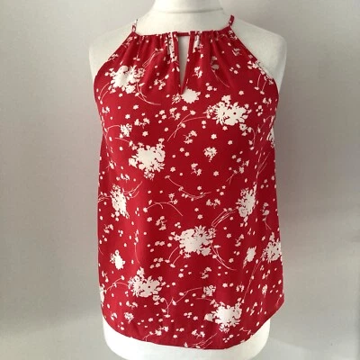 Oasis Size 8 Red White Floral Sleeveless Floaty Blouse Keyhole Neckline - Image 1 of 4