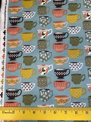 Riley Blake TEA WITH BEA C10492 Green Teacups Floral Quilt Fabric Linius 1/2+ yd - Image 1 of 4