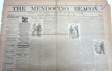 Rare original 1891 MENDOCINO BEACON newspaper California - 130 years old !