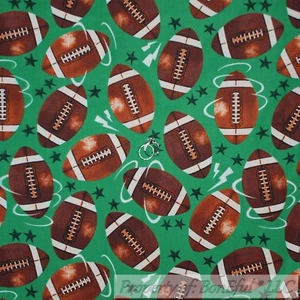 BonEful FABRIC FQ Cotton Quilt Green Grass Brown Football Soccer Boy Sport Star - Picture 1 of 12