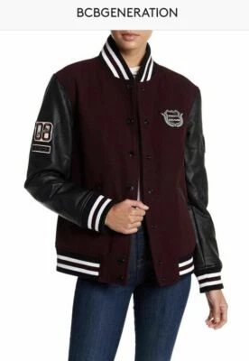 $240 BCBGeneration Bomber Letterman Chaqueta MANGA DE CUERO VARISTY BORGOÑA S Foto 1 de 4