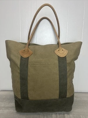 Vintage 90s LL Bean Leather Handle Canvas Tote Bag Green Khaki Plaid Lining - Image 1 of 4