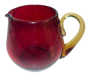 BLENKO? Amberina Applied Yellow Handle Mini Creamer/Vase 3" tall x 4" HandBlown - Picture 1 of 14