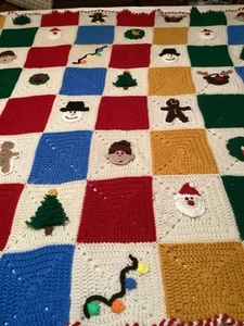 Vintage Handarbeit Weihnachten Granny Square groß afghanisch mit verschiedenen Weihnachten 54”x62” - Bild 1 von 20
