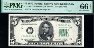 1950 $5 Kansas City *NARROW* Federal Reserve Note FRN • 1961-J • PMG 66 EPQ - Picture 1 of 2