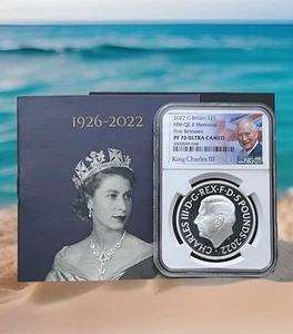 2022 UK QUEEN ELIZABETH II S£5 SILVER PROOF MEMORIAL PF70 FR  - Picture 1 of 3