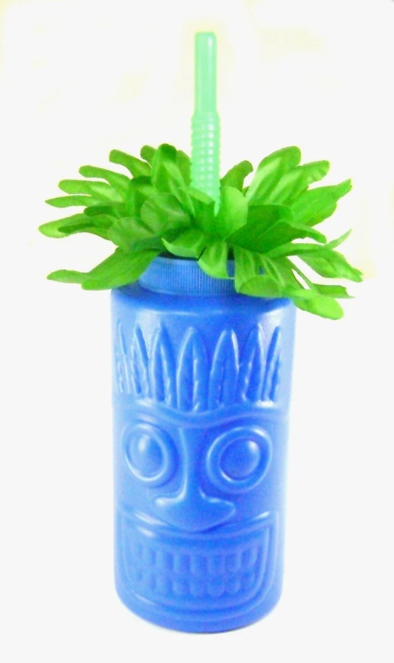 TAZA Y PAJITA TIKI AZUL Luau Fiesta Plástico Vaso Tiki Vajilla I Foto 1 de 1