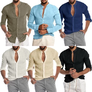 Camicia uomo tinta unita manica lunga lino vestibilità ampia stand up colletto bottoni - Foto 1 di 40