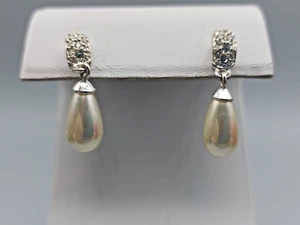 Elegant Silver Tone Pierced Earrings Drop White Flux Pearl Rhinestone Trim 1" - Picture 1 of 4
