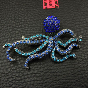 New Betsey Johnson Enamel Blue Lovely Octopus Rhinestone Woman Brooch Pin