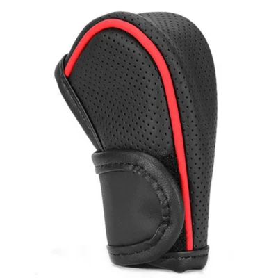 Black Leather Red Stitch Auto Gear Shift Knob Shifter Cover Interior Accessories - Image 1 of 4