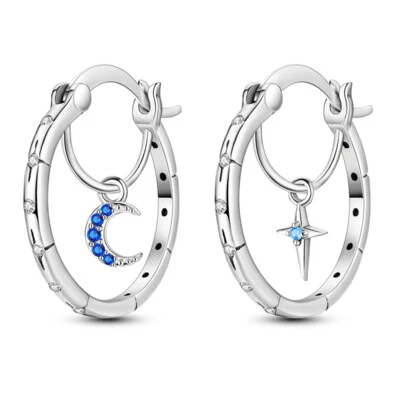 MULA Original Sterne Moons Hoop Ohrringe CZ Für Frauen Schmuck 925 Versilbert - Bild 1 von 4