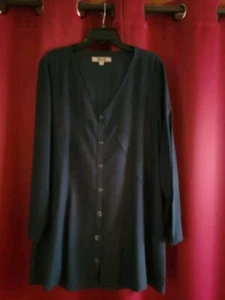 Vintage Flax Navy BLUE Lge Linen Jacket Shirt Tunic w/ Pockets Lagenlook BOHO - Picture 1 of 10