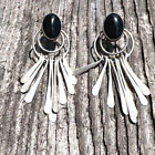 Sterling and Onyx Cabochon Earrings with Circles & Dangle Fringe - New Mexico 