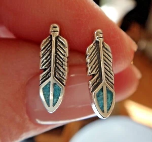 Sterling Silver Small 14x5mm Fancy Turquoise Feather Stud Earrings - Picture 1 of 4