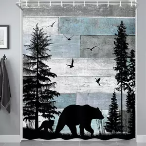 Rustic Cabin RV Shower Curtain, Farmhouse Country Bear Forest Vintage Wood Decor - Picture 1 of 12
